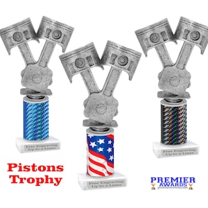 Automotive theme trophy.  Great for car shows, racing, mechanics and the car guy in your life. Choice of color and height
