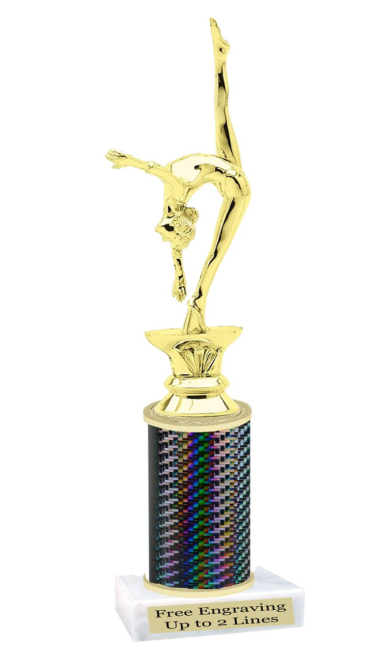 May include: Gold-colored trophy with a gymnast figurine on top. The base is black with a rainbow iridescent pattern and a white marble base with the text "Free Engraving Up to 2 Lines".