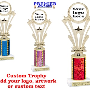 Custom trophy with choice of 9 column colors. Add you logo or custom art work.   Numerous trophy heights available