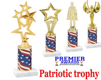 Flag trophy with choice of figure.  Numerous trophy heights available.  Great trophy for your Patriotic theme event!