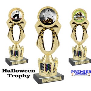 Halloween trophy.  Choice of 9 designs. Great for costume contests, pumpkin carving and more. 8&quot; tall.