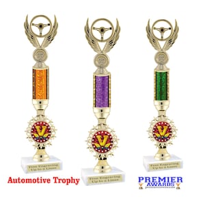 Automotive theme trophy.  Great for car shows, racing, mechanics and the car guy in your life. Choice of color and height. victory