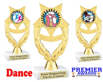Dance Trophy with choice of art work.  6" tall.  Great award for the dancer in your life.