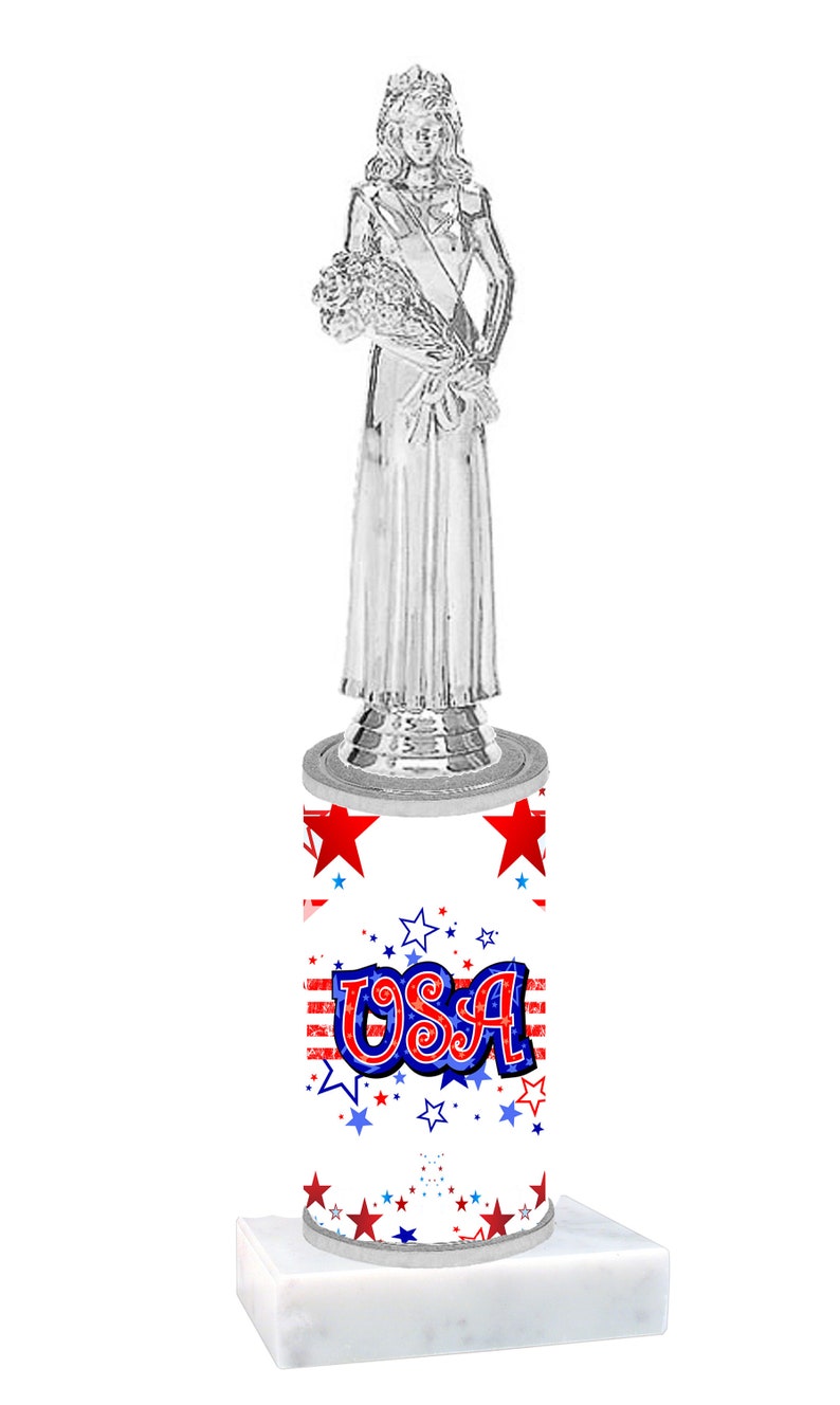Numerous trophy heights available USA theme trophy with Silver Queen on USA design column