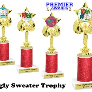 Ugly Sweater themed trophy.  Add some bling to your Holiday event with this Glitter column trophy.