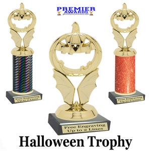 Halloween  trophy.  Great for costume contests, pumpkin carving contests, office parties, and more.  Choice of 4.5" tall or 10" tall trophy