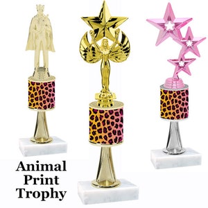 Animal Print theme trophy with Numerous trophy heights available.  Choice of figure.  Animal Stem Trophy