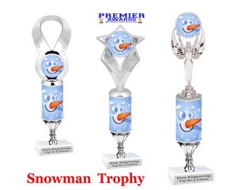 Snowman theme trophy with choice of  figure. 12" tall - great trophy for all of your holiday contests and events.