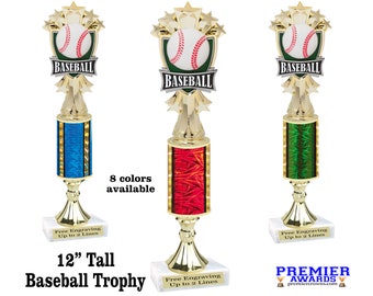 May include: A 12-inch tall gold baseball trophy with a green base and a red, white, and blue column. The trophy features a baseball with stars and the word "BASEBALL" on a banner.