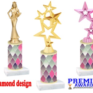 Diamond design trophy with choice of figure.   Numerous trophy heights available.  Unique award for any event!