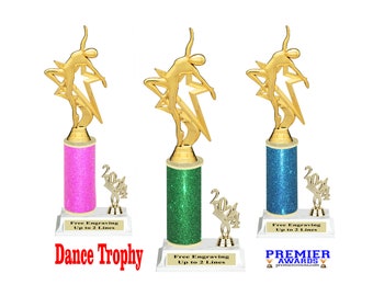 Dance trophy with choice of glitter column color.  Trophy heights start at 10 inches. Great for dance squads, schools, teams, and more!
