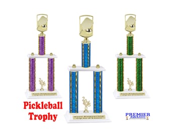Pickleball 2-column trophy with choice of color. Available in 3 trophy heights.  A special award for that special event or pickleball player