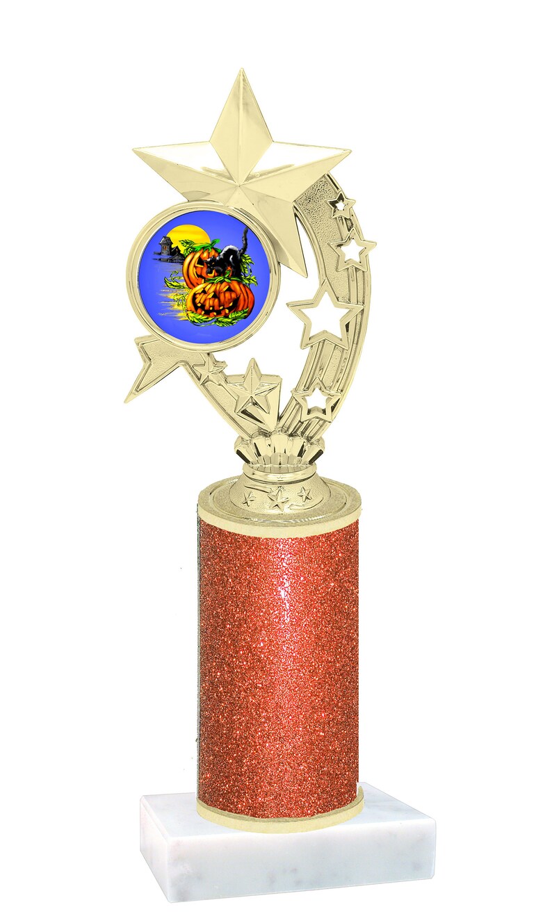 Halloween Theme Trophy With Orange Glitter Column And Halloween Art Work Numerous Trophy Heights Available Trophies Awards Art Collectibles Ichigenn Nishifunabashi Com