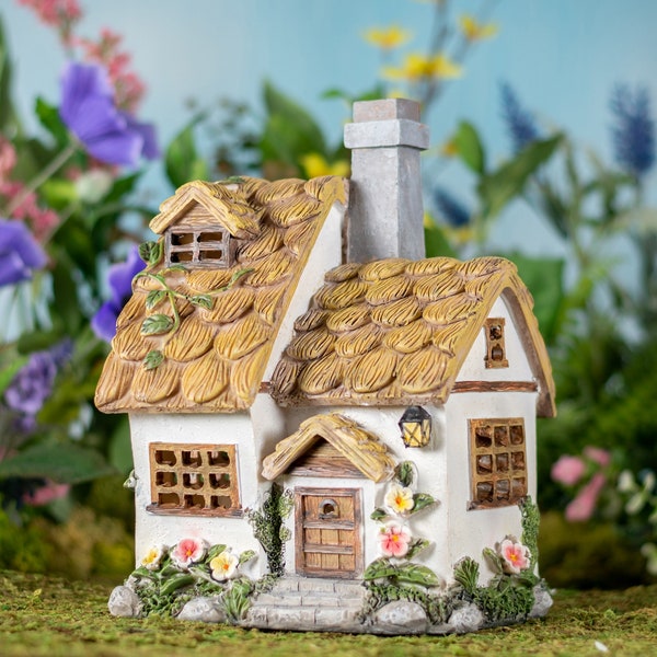 FAIRY GARDENS UK Magical Fairy Garden Solar Powered Cottage With Thatched Roof, Fairy House 25cm/9.8 inches