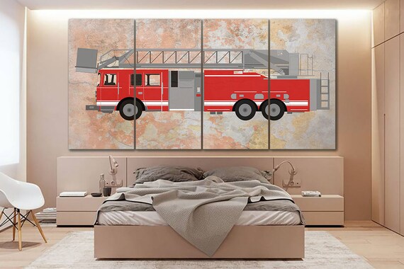 Fire Truck Canvas Kids Room Wall Art Fire Truck Print Fire Engine Decor Truck Canvas Dumper Truck Wall Art Boy Room Deco Construction Canvas
