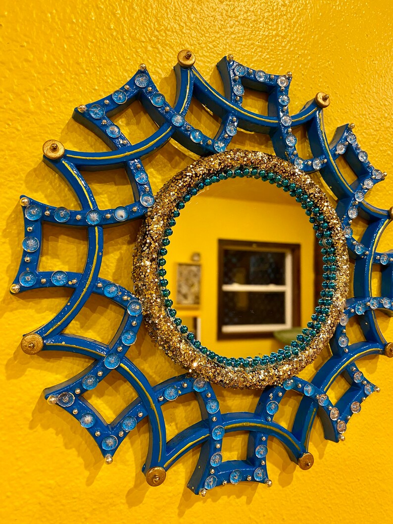Upcycled Vintage Funky Retro Mirror Decorative Dopamine Decor Gold Blue