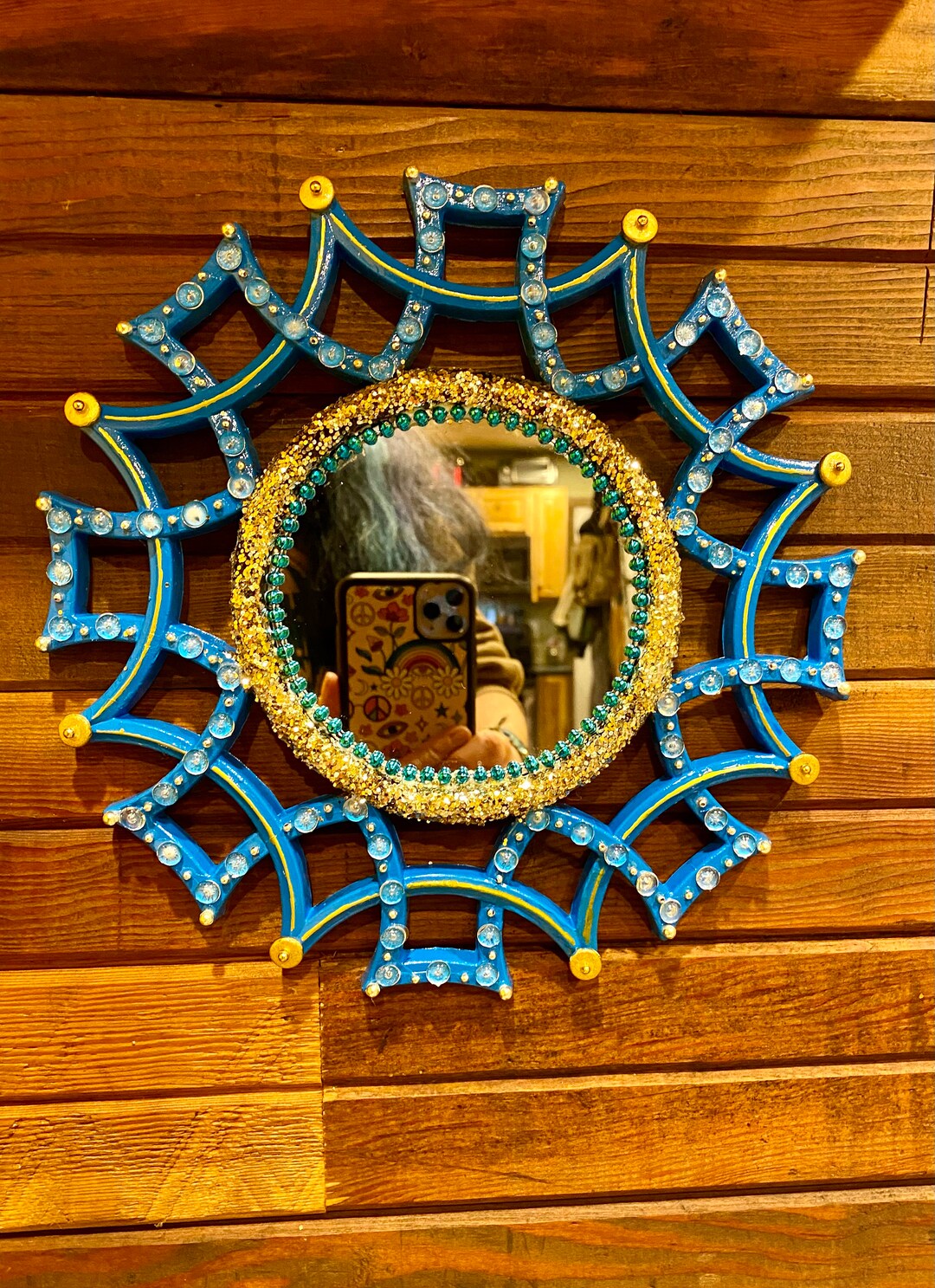 Upcycled Vintage Funky Retro Mirror Decorative Dopamine Decor Gold Blue