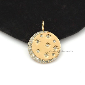 14k Gold SI GH Diamond Star Disc Pendant, Star Disc Pendant, Moon Disc Pendant, Star Pendant, Star Moon Round Pendant, Diamond Moon Pendant