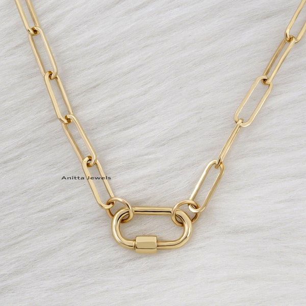 14K Gold Carabiner Necklace, 14k Oval Carabiner Jewelry, 14k Gold Carabiner Lock, Gold Elongated Link, Gold Carabiner Lock, Carabiner Gold