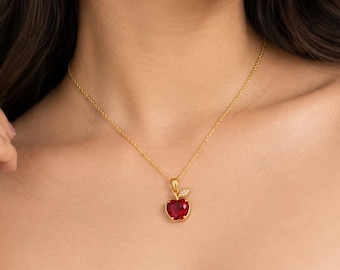Ruby Apple Necklace—Red Apple Pendant, Gold Fruit Jewelry, Elegant Gemstone Necklace, Handmade Gift for Her