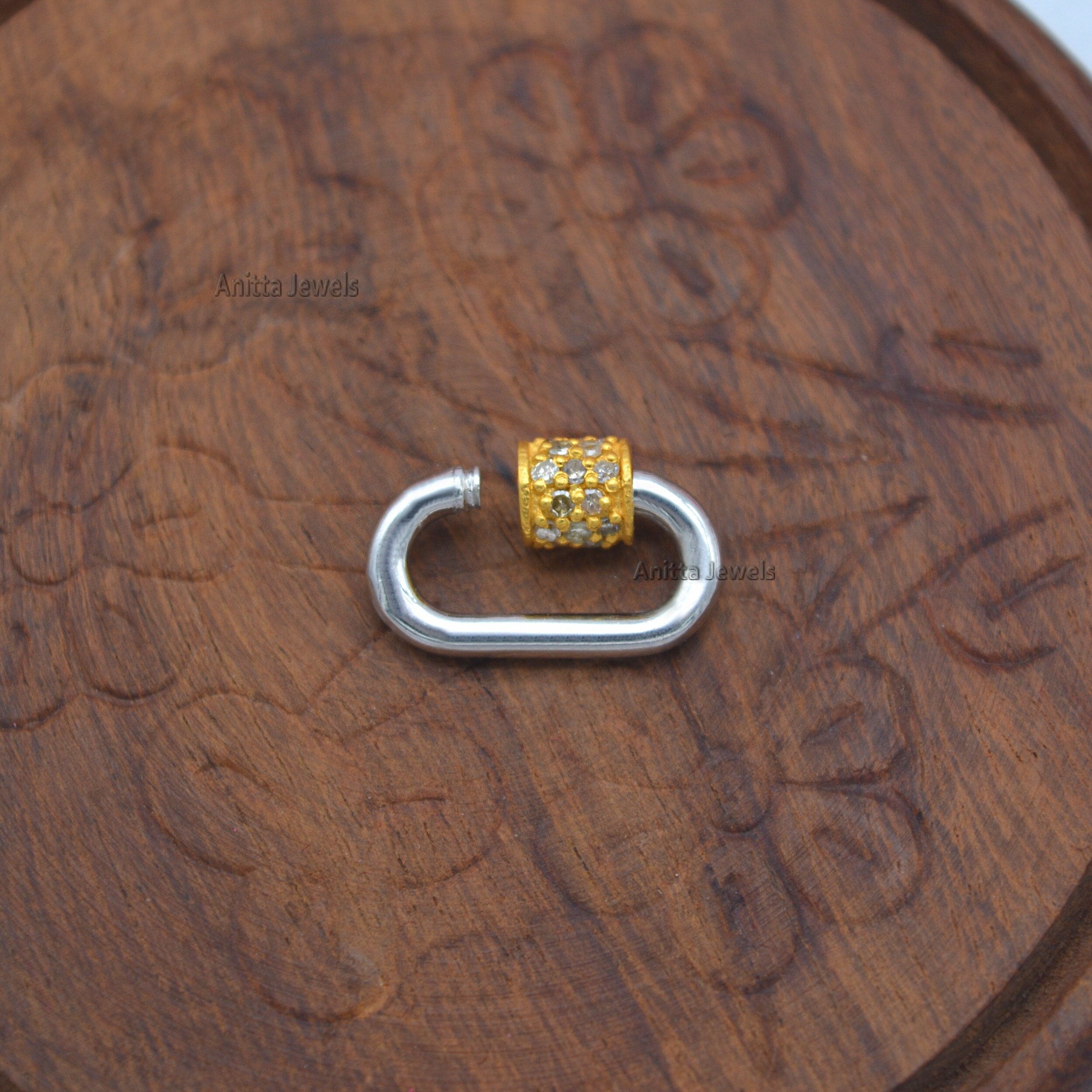 925 Silver Diamond Carabiner Lock: Handmade Oval Pendant - View 2 - Anitta Jewels | SKU: etsy_908548210