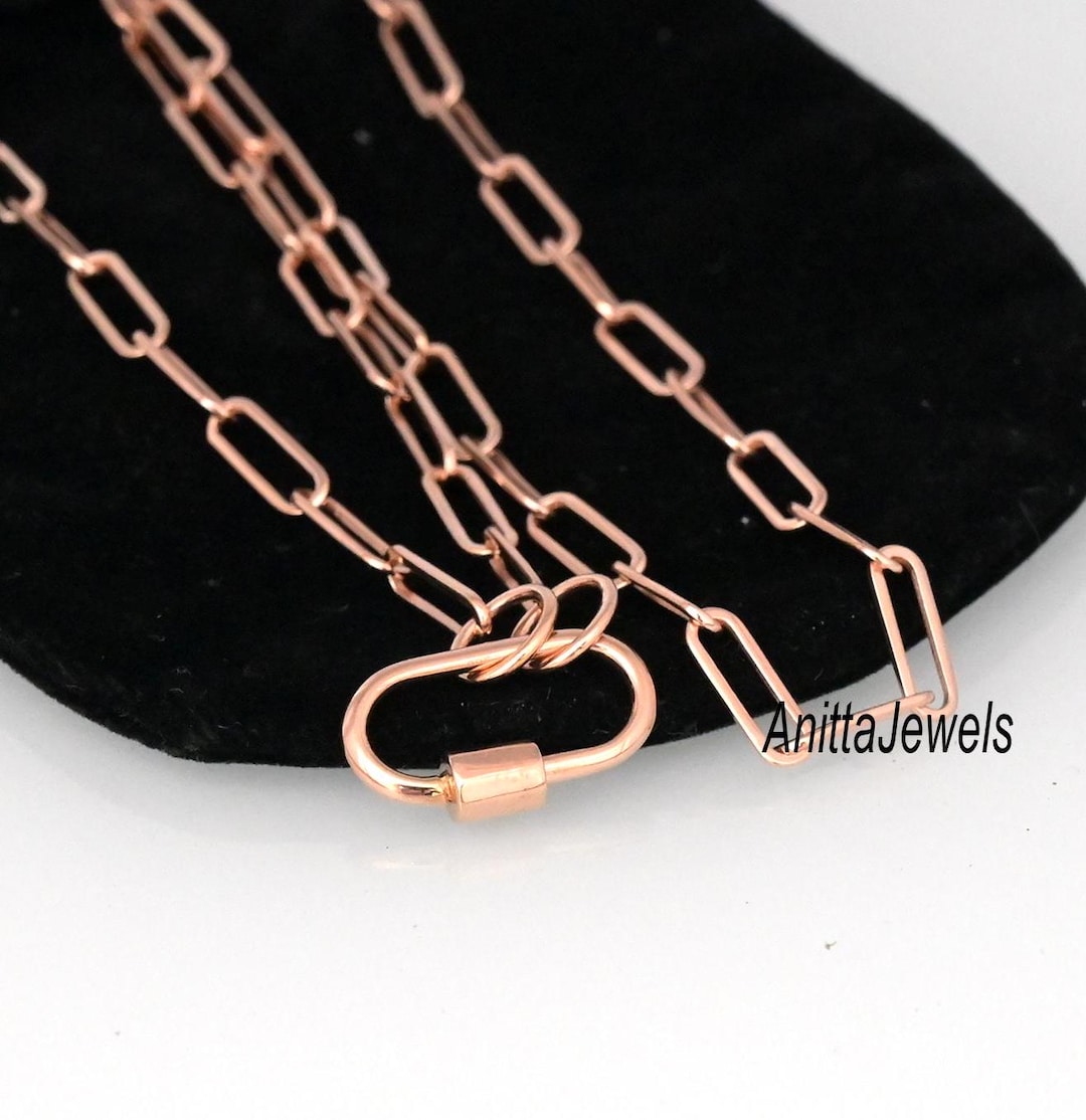 14K Gold Carabiner Charm Necklace: Handmade Elongated Link Pendant