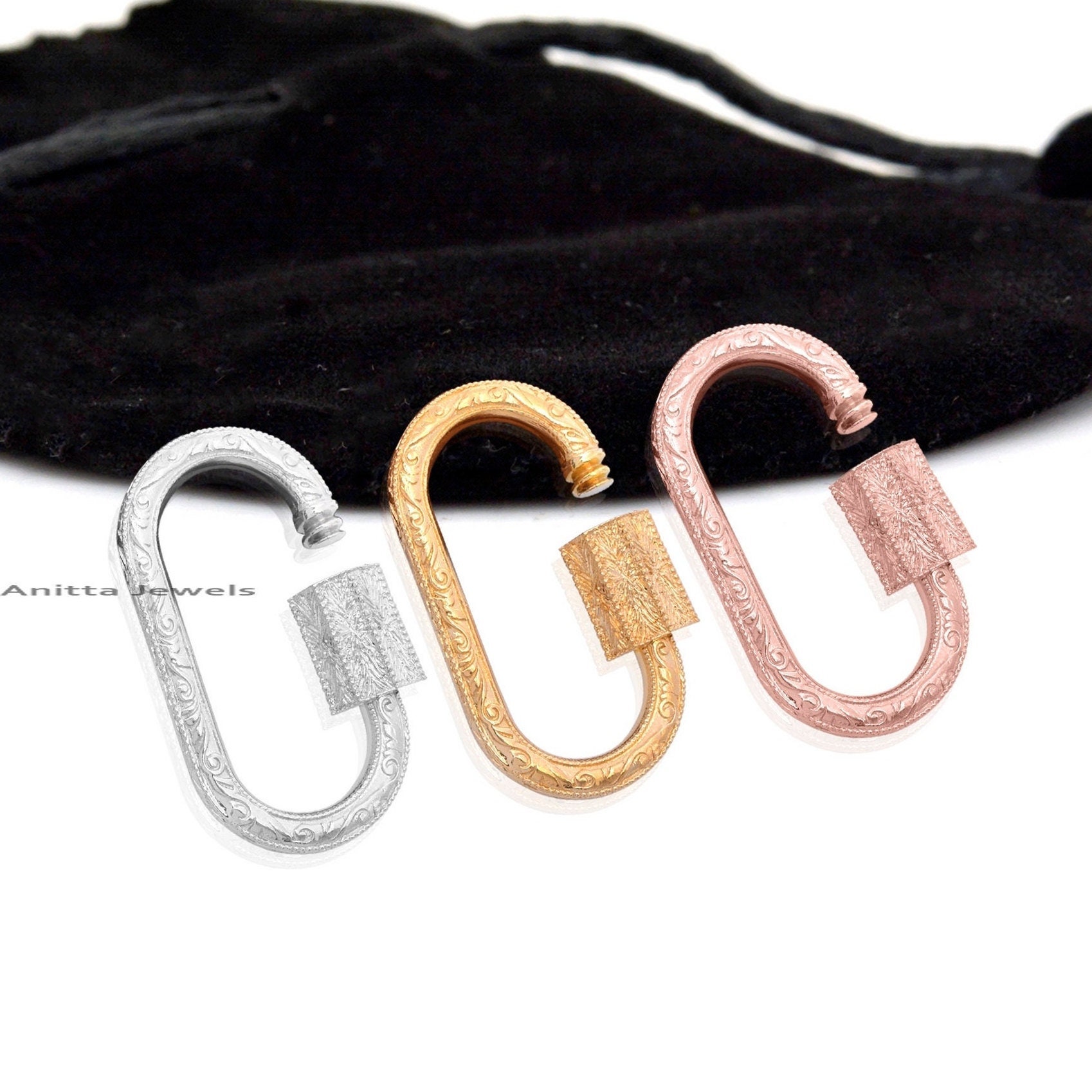 925 Silver Engraved Carabiner Lock: Handmade Designer Pendant - View 2 - Anitta Jewels | SKU: etsy_905734624