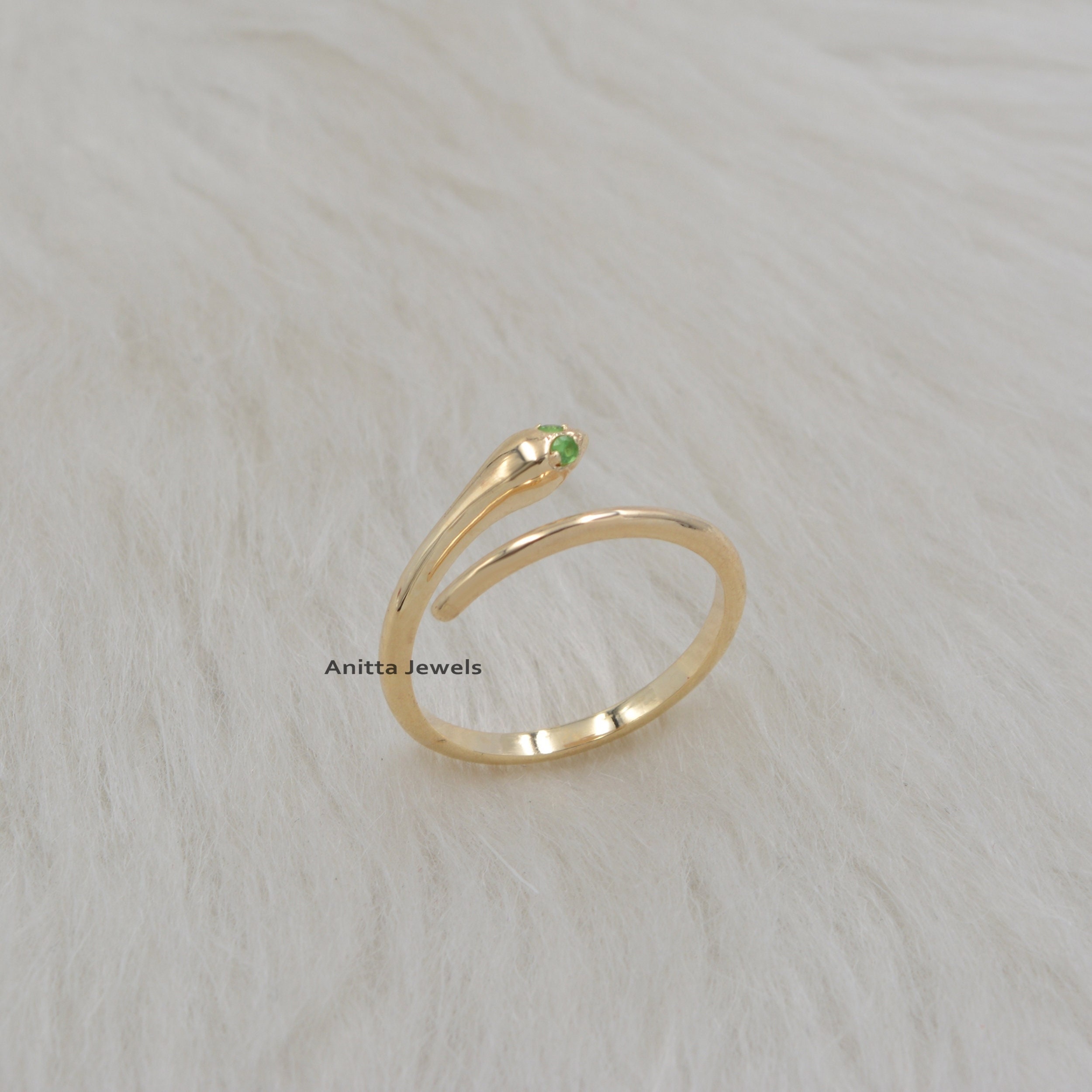 925 Silver Diamond Snake Ring, Emerald Eyes, Adjustable Band, Dainty Serpent Open Ring - View 4 - Anitta Jewels | SKU: etsy_1