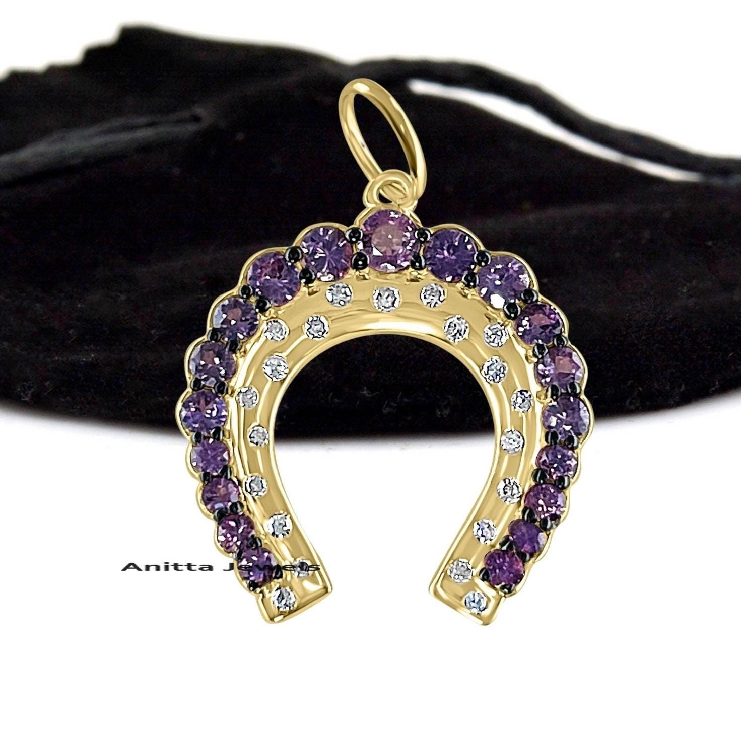 14K Gold Plated Horseshoe Pendant: Sapphire & Moissanite Sterling Silver Charm - View 3 - Anitta Jewels | SKU: etsy_142043170