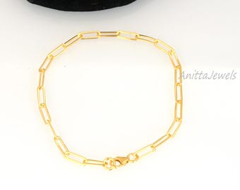 14k/9k Gold Paperclip Chain Bracelet: Solid Carabiner Link