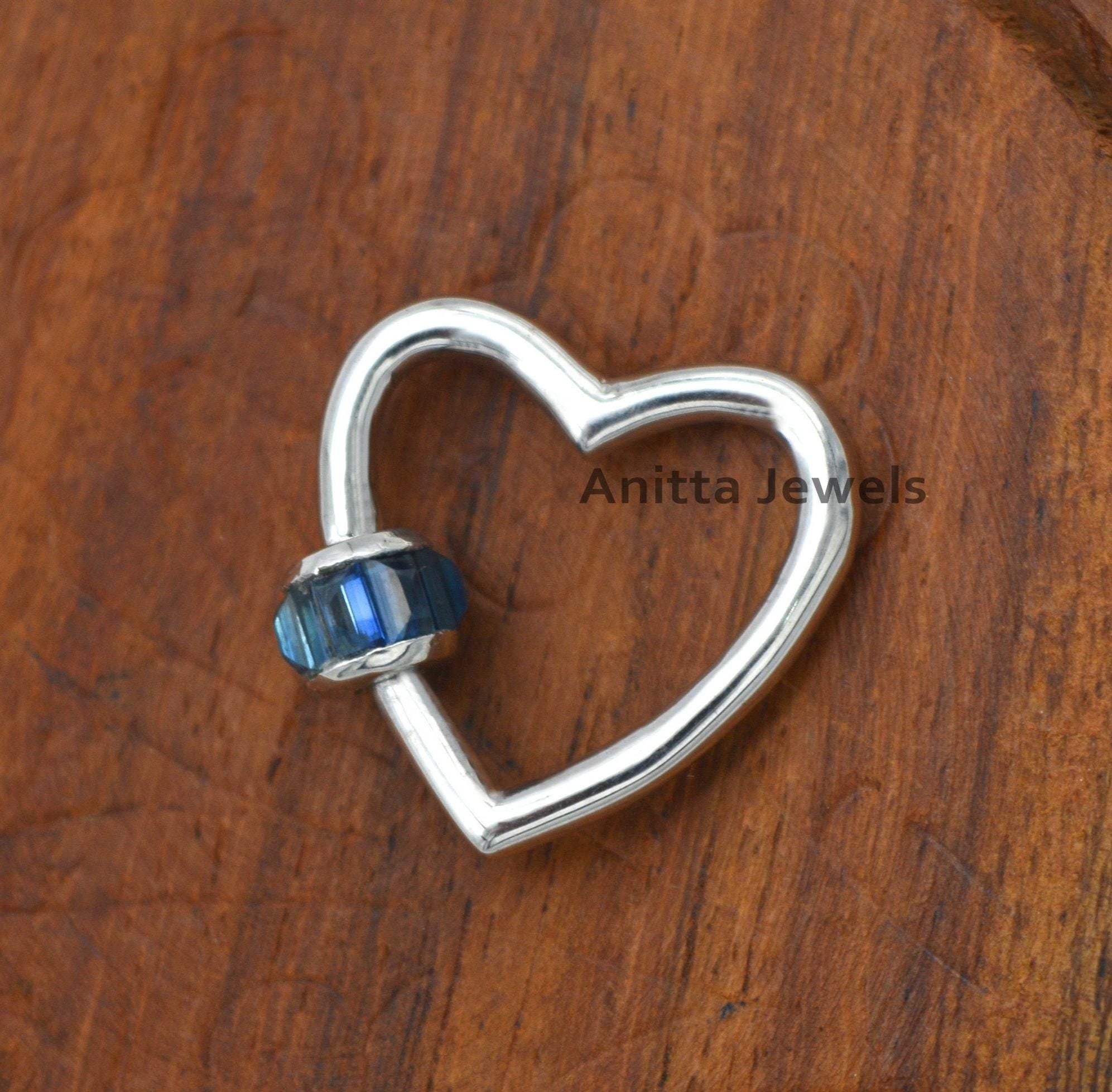 14K Gold Heart Carabiner Lock with Blue Sapphire Baguettes - View 3 - Anitta Jewels | SKU: etsy_766235978