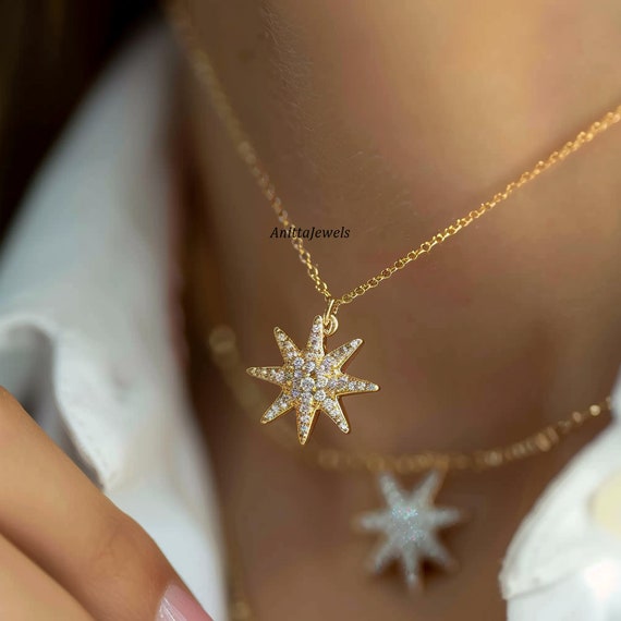 9K Gold Plated Starburst Pendant: CZ Sterling Silver Charm