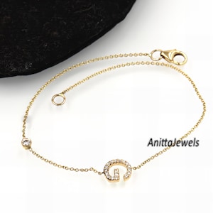 14k Solid Gold Initial Bracelet: Custom Moissanite Letter Bracelet