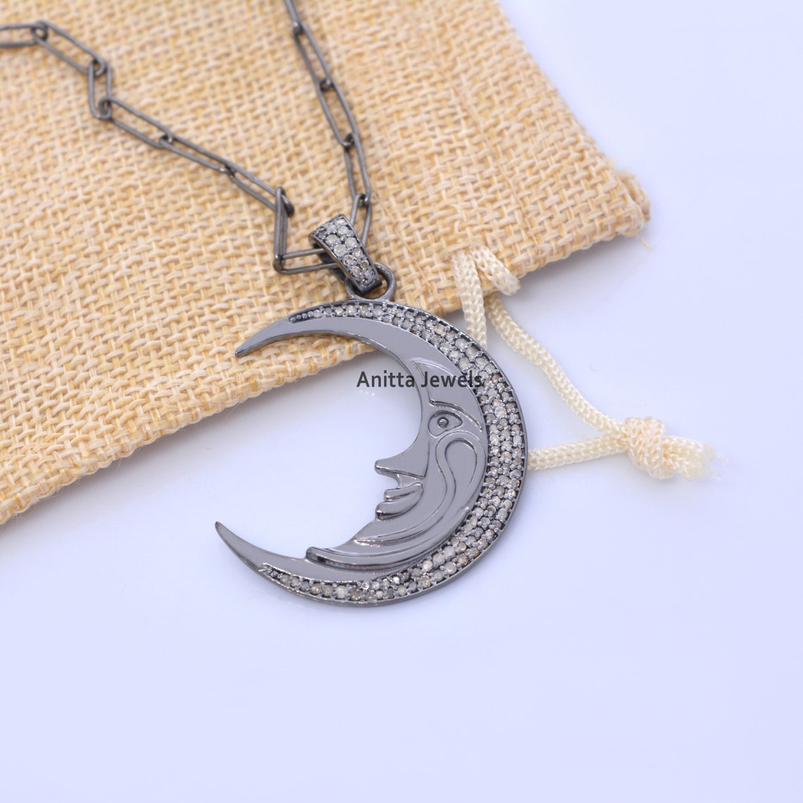 Diamond Moon Pendant 925 Silver Half Moon Pendant Necklace Etsy