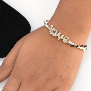 925 Silver Diamond Initial Love Bangle, Dainty Love Word Bangle, LOVE Bracelet, Handmade Love Bracelet, Gold Love Bracelet Available in Gold
