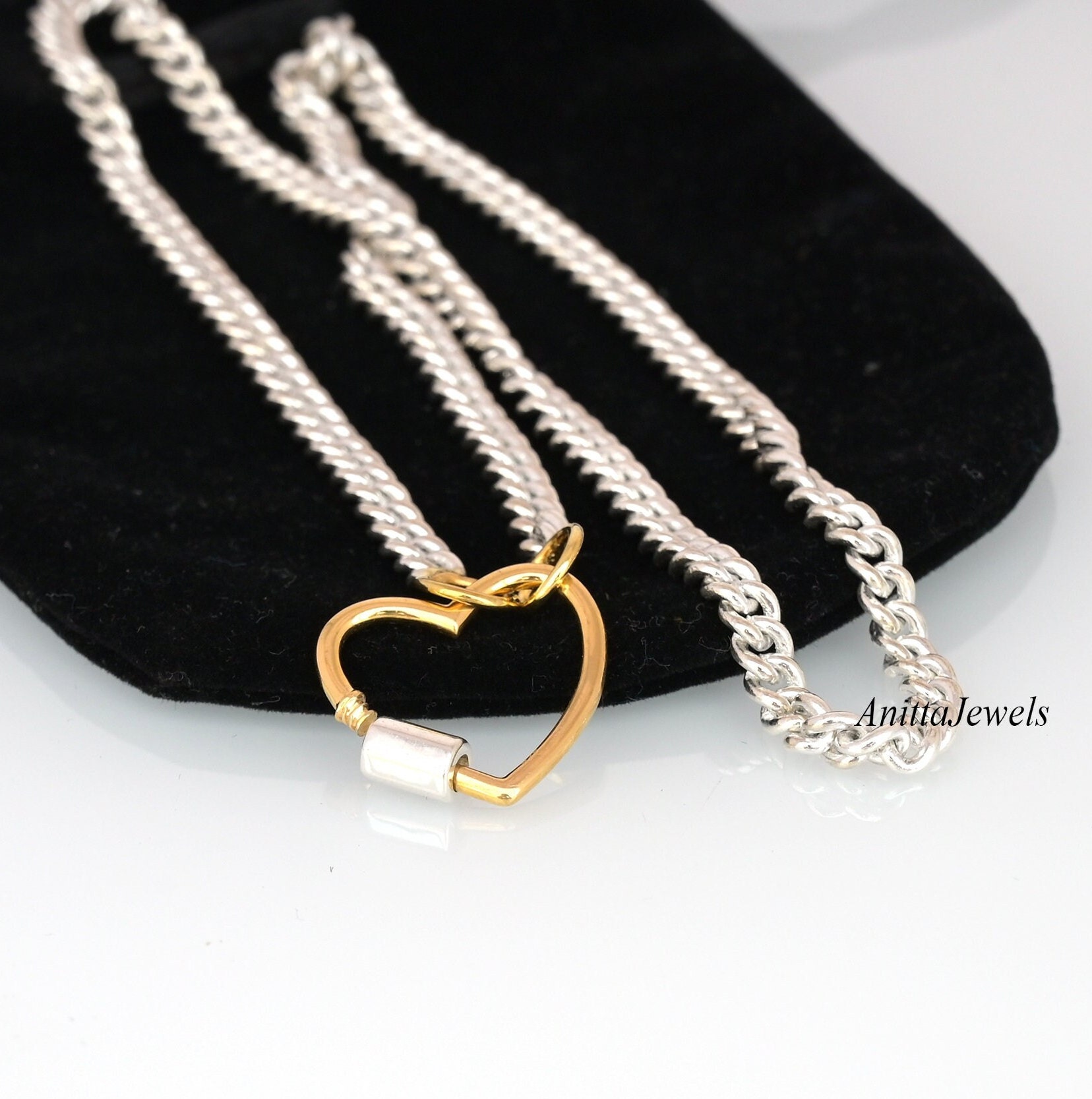 925 Silver Heart Carabiner Necklace: Two-tone Heart Lock Pendant
