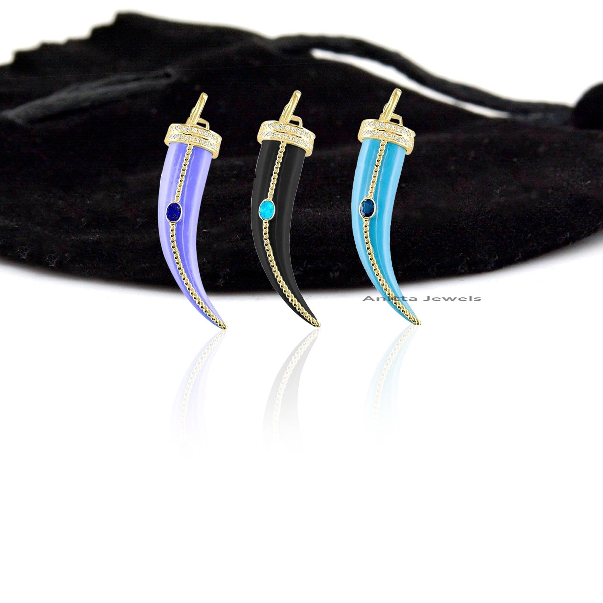 Diamond & Gemstone Horn Pendant: 925 Silver Tusk - View 4 - Anitta Jewels | SKU: etsy_1185223323