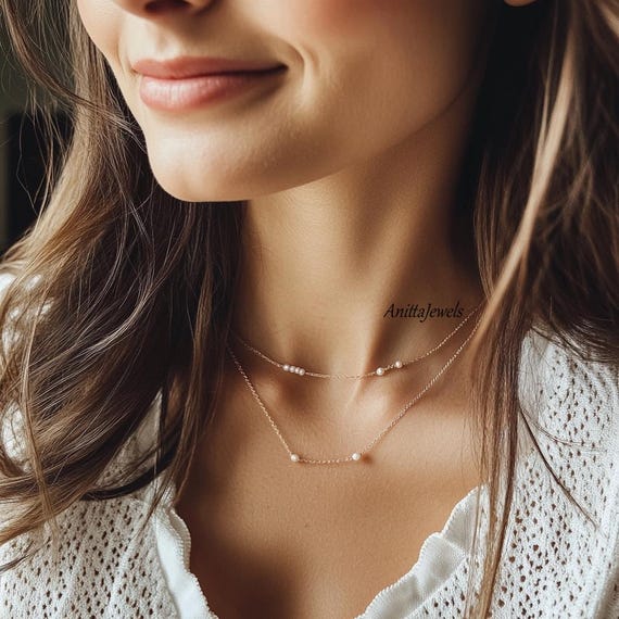 Dainty Double Layer Pearl Necklace: Sterling Silver Two Chain