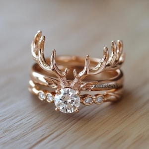Ring gewei, gouden ring gewei van een hert, ring hertenhoorn gewei, ring dierlijke hoorn, ring hertengewei, band ring hertengewei