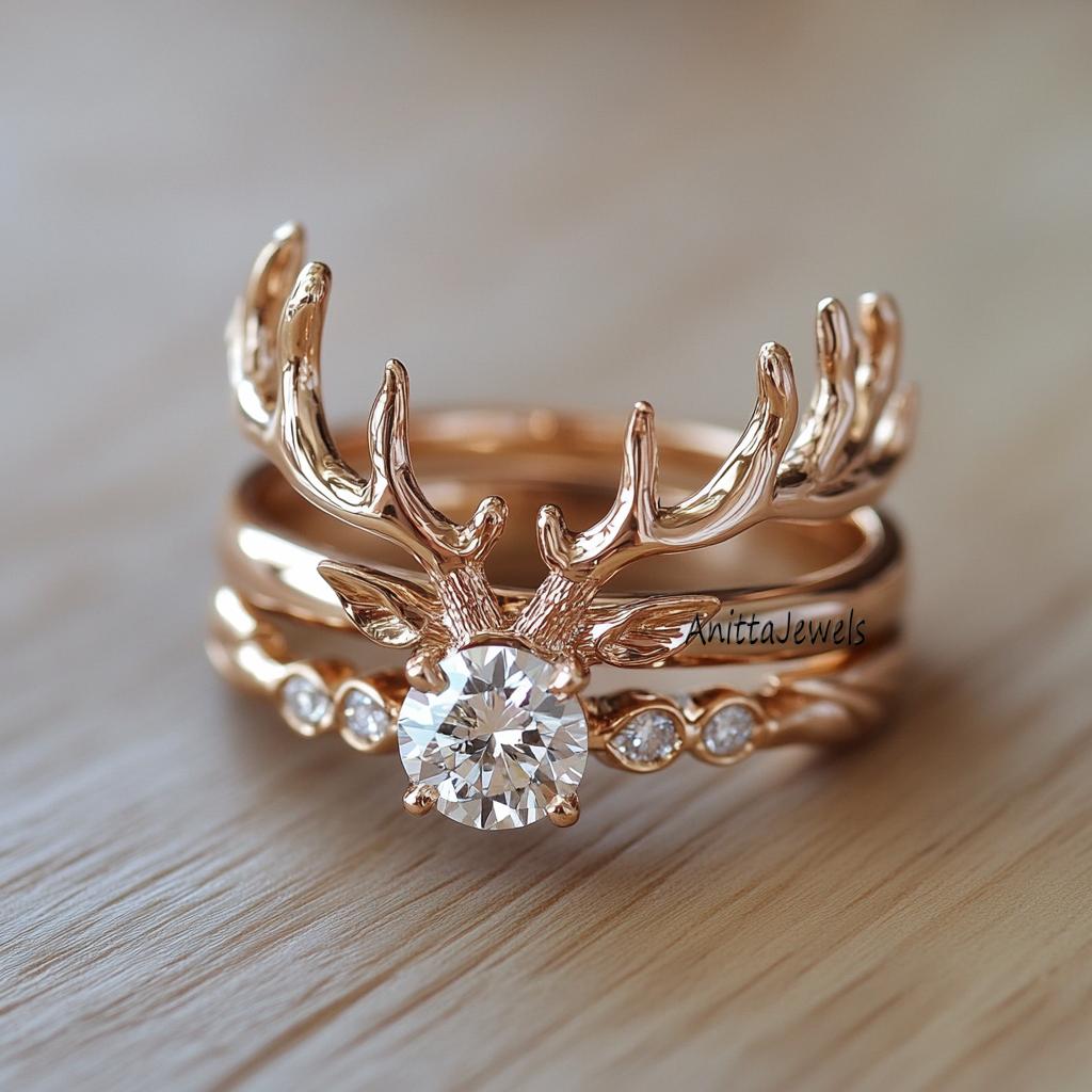 Sterling Silver Deer Antler Ring: Cubic Zircon Horns