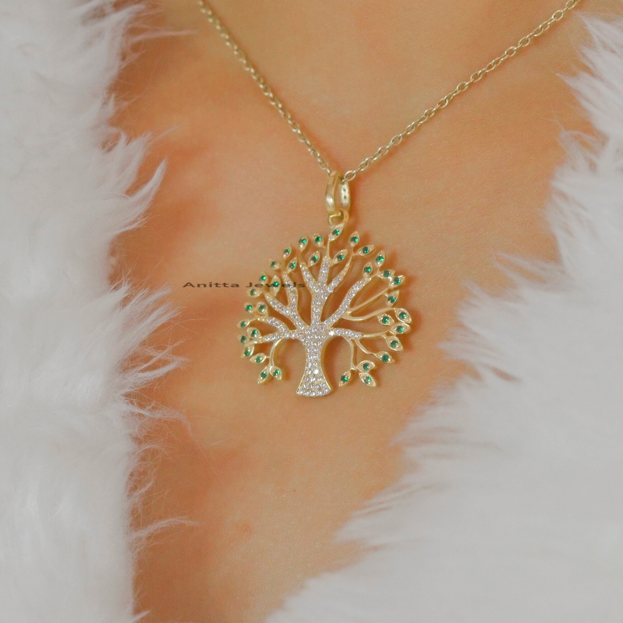 Diamond Tree Pendant: Pave Gemstone, 925 Silver (39*31 MM) - View 3 - Anitta Jewels | SKU: etsy_930769180