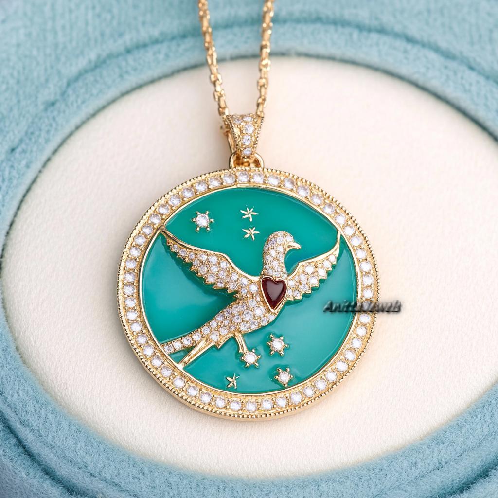 14k Gold Turquoise Bird Pendant: Diamond Dove CZ Ruby Silver Pendant - View 2 - Anitta Jewels | SKU: etsy_1820009974