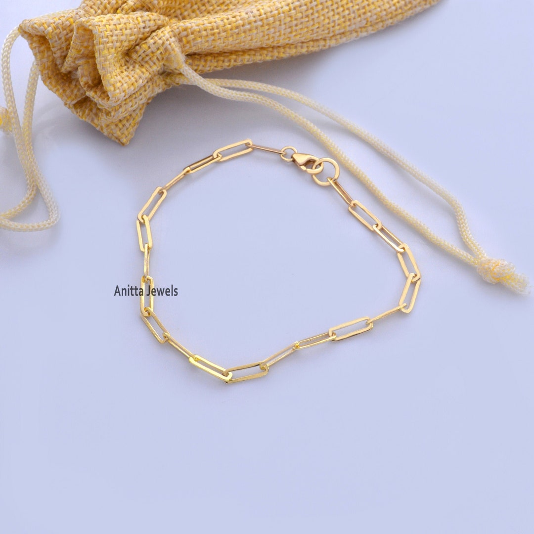 14k/9k Gold Paperclip Chain Bracelet, Solid Carabiner Paperclip