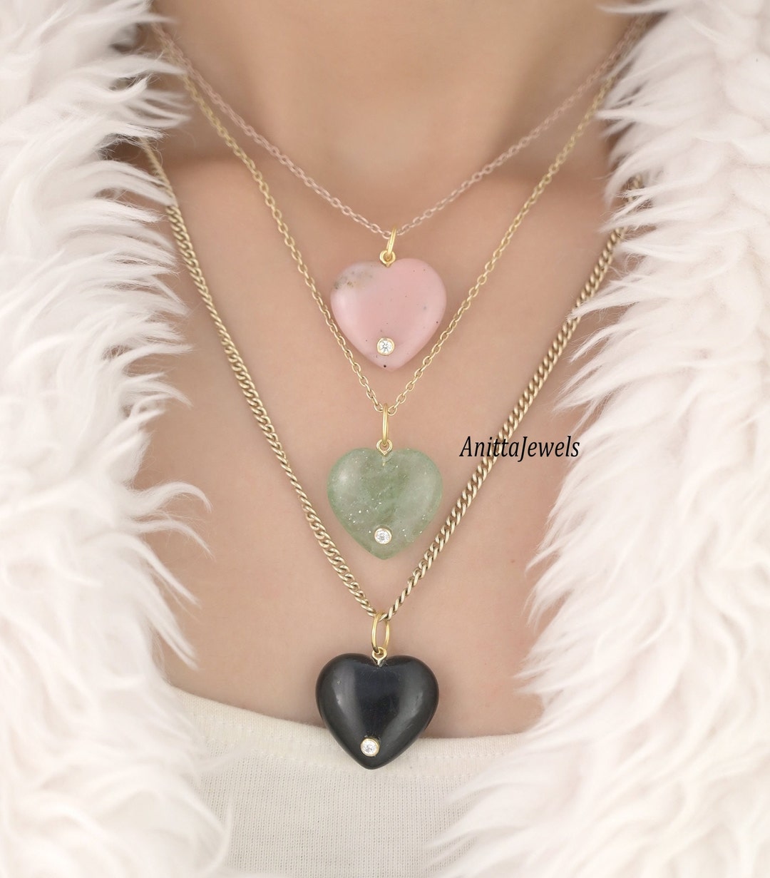 14K ゴールド マラカイト ハート ペンダント、コーラル ハート  