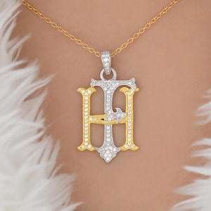 925 Silver Diamond Monogram Pendant, Pave Monogram Pendant, designer monogram, Diamond Monogram Pendant, Diamond Two Tone Monogram Necklace