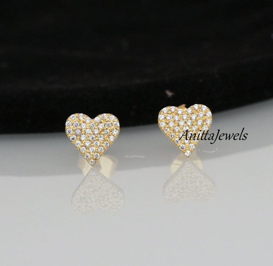 Small Diamond Heart Stud Earrings, 8mm Tiny Heart Stud