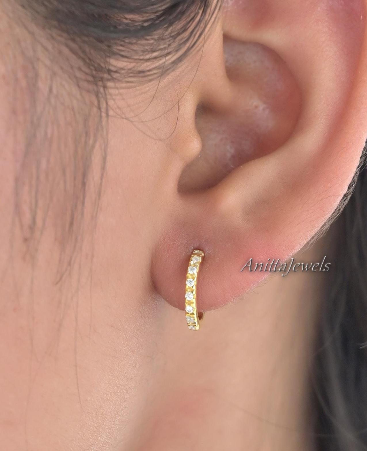 14K Gold Diamond Half Hoop Earrings: Huggie Style - View 2 - Anitta Jewels | SKU: etsy_1118700860