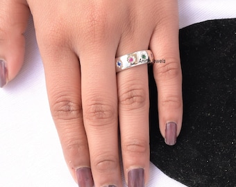 925 Silver Multi Gemstone Cigar Band Ring