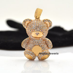 Colgante de peluche de diamantes de plata 925, Joyería de San Valentín, Colgante de oso de peluche pavé, Colgante de peluche de piedras preciosas, Colgante de colgante de peluche