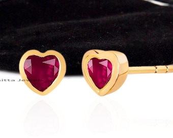 Ruby Heart Stud Earrings: 925 Sterling Silver, Red Garnet